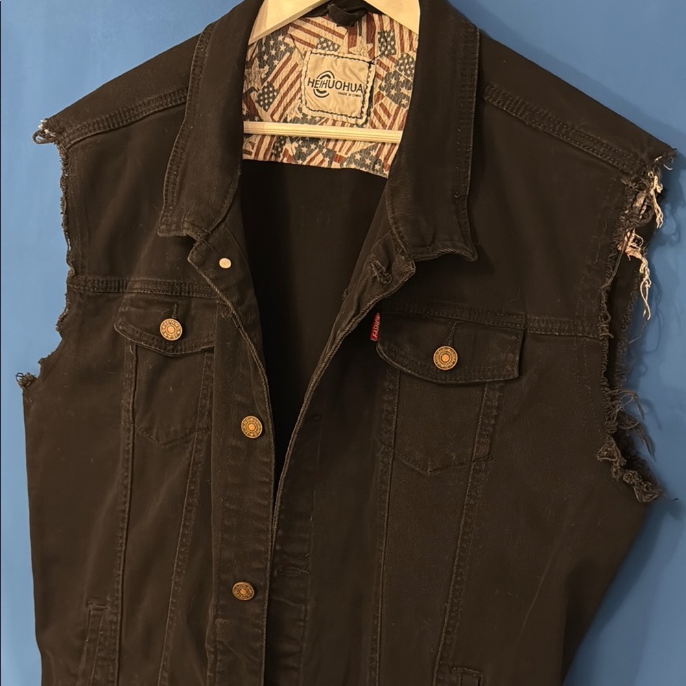 Men's Black Jean Jacket Sleeveless Field Vest Biker Denim